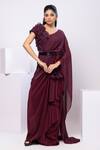 Buy_Smriti By Anju Agarwal_Maroon Crepe, Silk, Chiffon Embroidery Wine 3d Floral Blouse And Drape Saree Set _at_Aza_Fashions