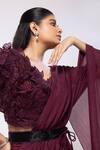 Buy_Smriti By Anju Agarwal_Maroon Crepe, Silk, Chiffon Embroidery Wine 3d Floral Blouse And Drape Saree Set _Online_at_Aza_Fashions
