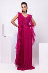 Buy_Smriti By Anju Agarwal_Fuchsia Organza, Crepe Embroidery V-neck Pink Grace Ruffled Jacket Set _at_Aza_Fashions
