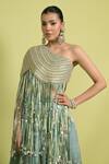 Rishi And Vibhuti_Green Organza Beads Asymmetric Matcha Ethereal Charm Lehenga Set _Online_at_Aza_Fashions