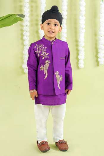 Buy_Little Brats_Purple Cotton, Silk Embroidery Bird Cord Bundi Kurta Set _at_Aza_Fashions