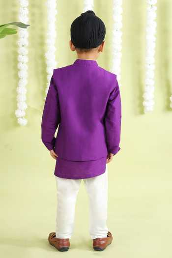 Shop_Little Brats_Purple Cotton, Silk Embroidery Bird Cord Bundi Kurta Set _at_Aza_Fashions