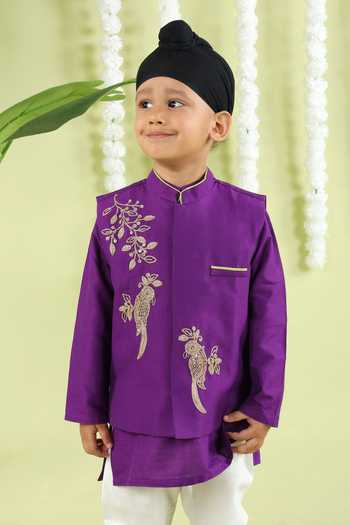 Buy_Little Brats_Purple Cotton, Silk Embroidery Bird Cord Bundi Kurta Set _Online_at_Aza_Fashions