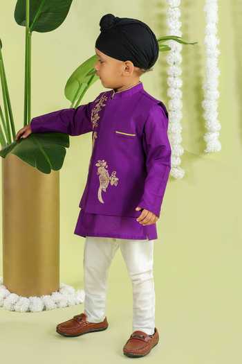 Little Brats_Purple Cotton, Silk Embroidery Bird Cord Bundi Kurta Set _at_Aza_Fashions