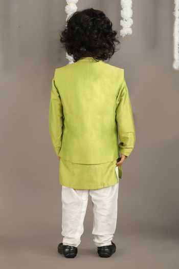 Shop_Little Brats_Green Cotton Embroidery Parrot Bundi Kurta Set _at_Aza_Fashions