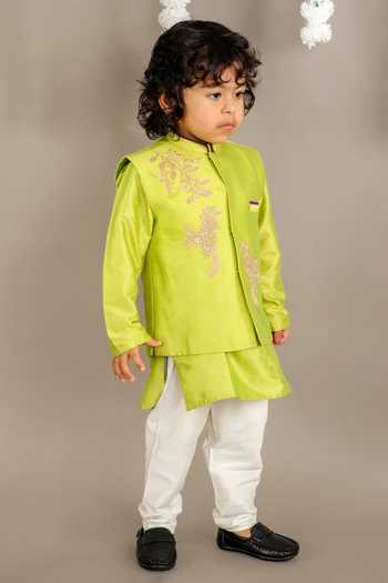 Shop_Little Brats_Green Cotton Embroidery Parrot Bundi Kurta Set _Online_at_Aza_Fashions