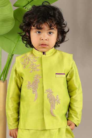 Buy_Little Brats_Green Cotton Embroidery Parrot Bundi Kurta Set 