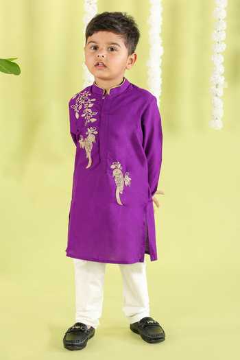 Little Brats_Purple Cotton Embroidery Bird Cord Kurta Set _Online_at_Aza_Fashions