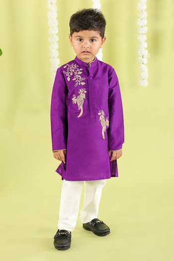 Buy_Little Brats_Purple Cotton Embroidery Bird Cord Kurta Set _Online_at_Aza_Fashions