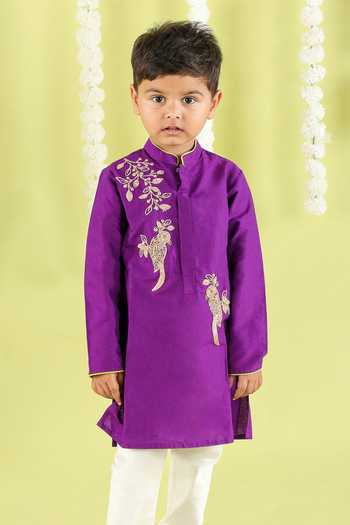 Shop_Little Brats_Purple Cotton Embroidery Bird Cord Kurta Set _Online_at_Aza_Fashions