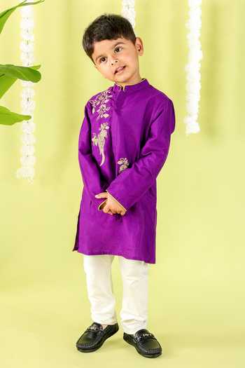 Little Brats_Purple Cotton Embroidery Bird Cord Kurta Set _at_Aza_Fashions