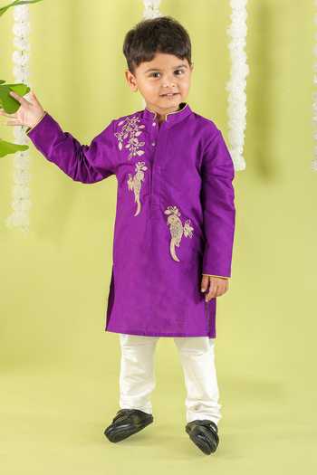 Buy_Little Brats_Purple Cotton Embroidery Bird Cord Kurta Set _at_Aza_Fashions