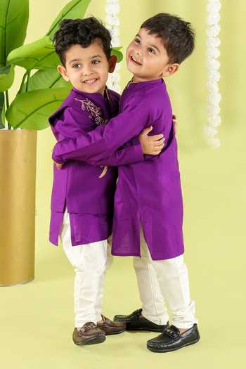 Buy_Little Brats_Purple Cotton Embroidery Bird Cord Kurta Set 