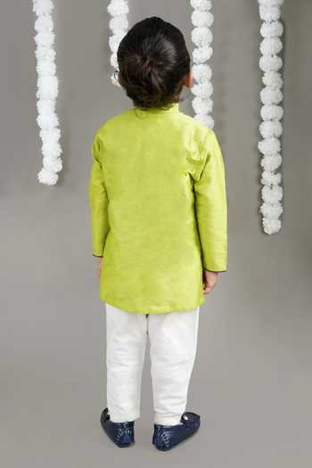 Shop_Little Brats_Green Cotton Embroidery Parrot Kurta Set With Pajama _at_Aza_Fashions