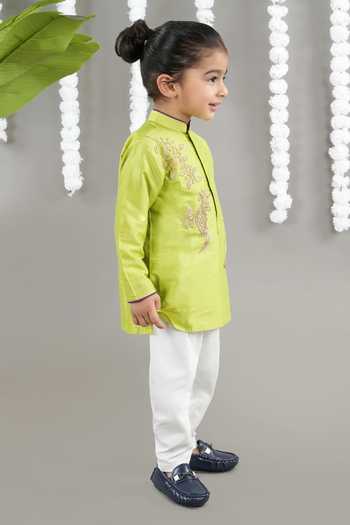 Little Brats_Green Cotton Embroidery Parrot Kurta Set With Pajama _Online_at_Aza_Fashions