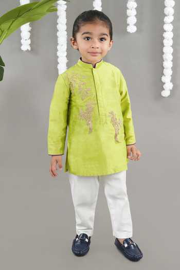 Buy_Little Brats_Green Cotton Embroidery Parrot Kurta Set With Pajama _at_Aza_Fashions