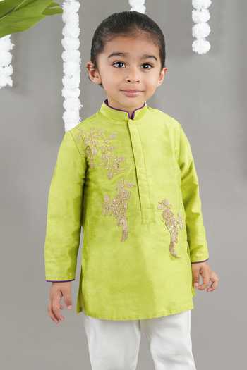 Little Brats_Green Cotton Embroidery Parrot Kurta Set With Pajama _at_Aza_Fashions