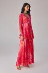 Shop_Saaksha & Kinni_Pink Chiffon Split V-neck Floral Print Noor Short Kurta _at_Aza_Fashions
