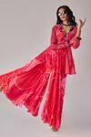 Saaksha & Kinni_Pink Chiffon Split V-neck Floral Print Noor Short Kurta _Online_at_Aza_Fashions