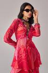 Buy_Saaksha & Kinni_Pink Chiffon Split V-neck Floral Print Noor Short Kurta _Online_at_Aza_Fashions