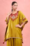 Buy_Samyukta Singhania_Yellow Tissue Tassels, Embroidery Round Digital Hand Work Kaftan And Palazzo Set _Online_at_Aza_Fashions