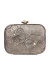 Shop_Nazaakat By Samara Singh_Silver Embroidery Floral Embellished Clutch_at_Aza_Fashions