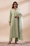 Kyra By Bhavna_Green Chanderi Silk, Cotton Embroidery Split V-neck Kurta Set _at_Aza_Fashions