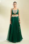 Prisho_Emerald Green Embroidery Round Neck Waistband Lehenga Set _Online_at_Aza_Fashions