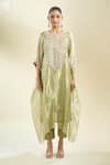 Shop_Prisho_Olive Green Embroidery Round Neck Zardozi Kaftan And Pant Set _Online_at_Aza_Fashions