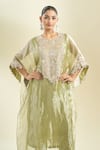 Buy_Prisho_Olive Green Embroidery Round Neck Zardozi Kaftan And Pant Set 