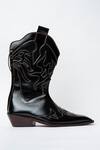 Shop_Kavith_Black Embroidery Square Toe Trapezoid Heel Cowboy Boots _at_Aza_Fashions