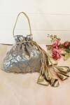 Shop_Soho Boho Studio By Aarti Thakur_Gray Embroidery, Tassels Designer Grey Banarasi Silk Potli Bag _at_Aza_Fashions