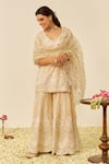 Buy_Sheetal Batra_Beige , Chanderi, Organza Embroidery V-neck Kurta Set _at_Aza_Fashions