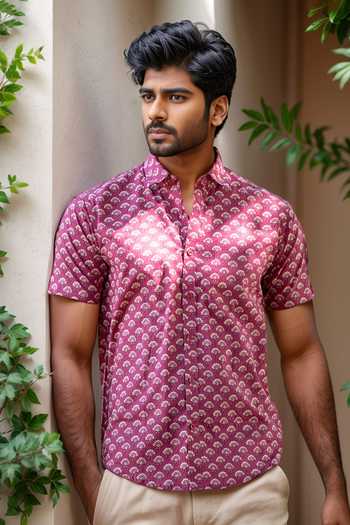 Buy_Aryavir Malhotra_Pink Cotton Floral Print Shirt _at_Aza_Fashions