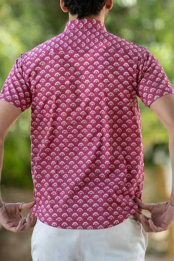 Shop_Aryavir Malhotra_Pink Cotton Floral Print Shirt _at_Aza_Fashions