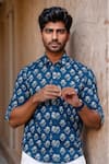 Buy_Aryavir Malhotra_Blue Cotton Floral Print Collared Shirt _at_Aza_Fashions