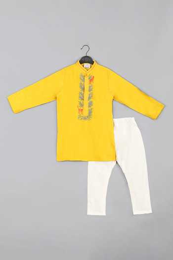 Buy_Little Brats_Yellow , Satin Beads, Cheetah Threadwork Placket Kurta With Churidar _at_Aza_Fashions