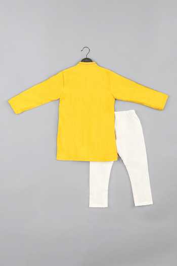 Shop_Little Brats_Yellow , Satin Beads, Cheetah Threadwork Placket Kurta With Churidar _at_Aza_Fashions