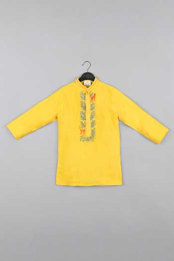 Little Brats_Yellow , Satin Beads, Cheetah Threadwork Placket Kurta With Churidar _Online_at_Aza_Fashions