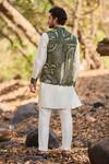 Shop_Nirmooha_Olive Green Geometric Embroidered Bundi Kurta Set _at_Aza_Fashions