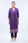Samyukta Singhania_Purple Gabardine Embroidery Split V-neck Kurta Set _Online_at_Aza_Fashions