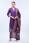 Samyukta Singhania_Purple Gabardine Embroidery Split V-neck Kurta Set _at_Aza_Fashions
