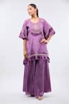 Shop_Samyukta Singhania_Purple Crepe Tassels, Embroidery Round Neck Digital Handwork Kaftan Set _Online_at_Aza_Fashions