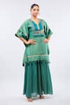Samyukta Singhania_Green Tissue Tassels, Embroidery V-neck Kaftan Set _Online_at_Aza_Fashions
