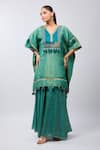 Samyukta Singhania_Green Tissue Tassels, Embroidery V-neck Kaftan Set _at_Aza_Fashions