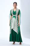 Prisho_Green Floral Embroidered Cape Asymmetric Kurta Set _at_Aza_Fashions
