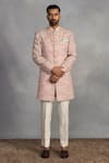 Buy_Gargee Designers_Peach Polyester, Silk, Cotton Embroidery Designer Indowestern Sherwani Set _at_Aza_Fashions