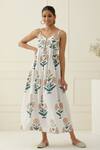 Buy_Musal_Ivory Cotton Embroidery V-neck Floral Print Maxi Dress _at_Aza_Fashions