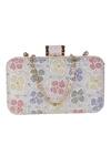 Shop_Nazaakat By Samara Singh_Ivory Embroidery, Rhinestones Floral Clutch With Sling_at_Aza_Fashions
