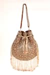 Shop_Nazaakat By Samara Singh_Brown Beads, Fringe Designer Silk Handbag _at_Aza_Fashions